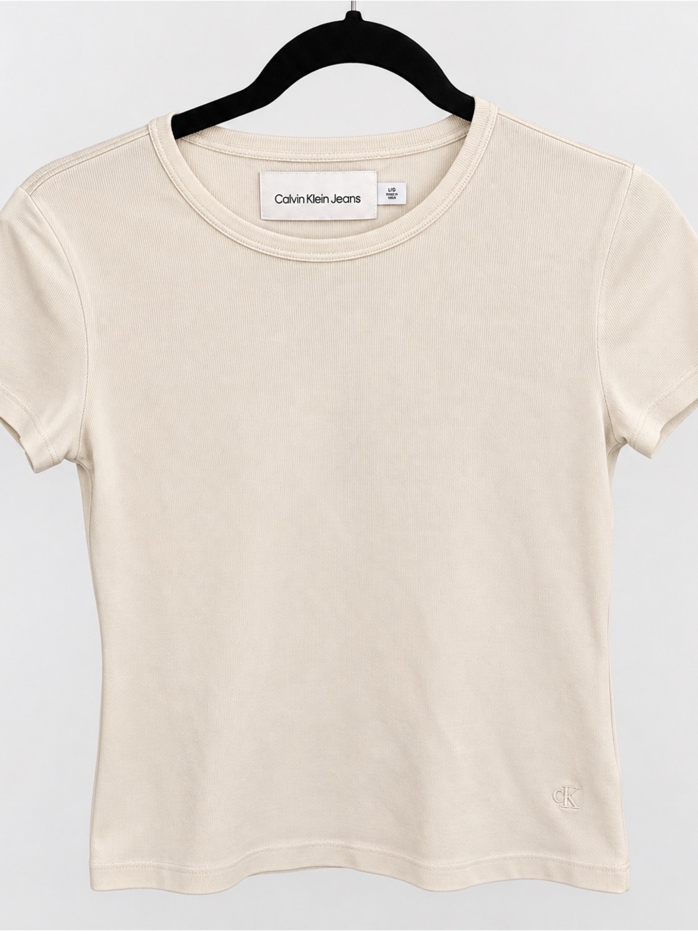 Calvin Klein Jeans Women’s Large Ivory Ribbed Stretch Baby Tee Embroidered CK